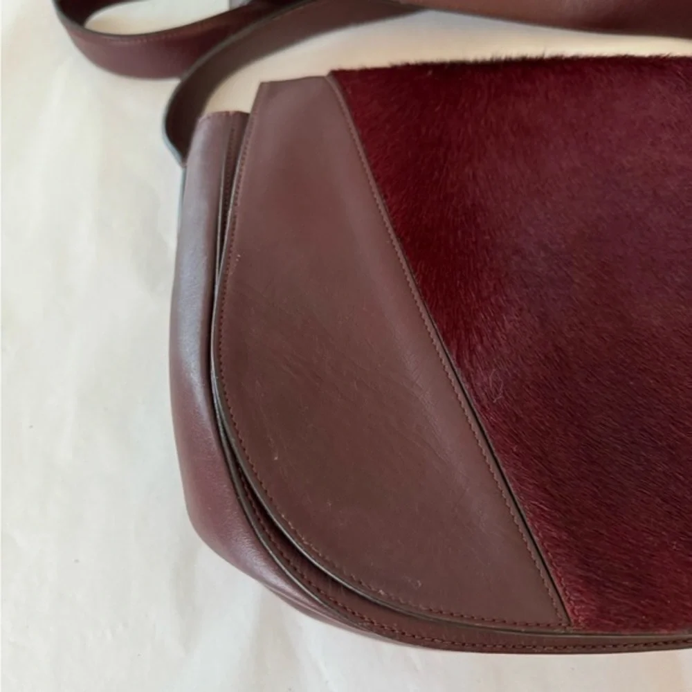 Vince‎ Maroon Burgundy Calf Hair Leather Rounded Crossbody Saddle Bag